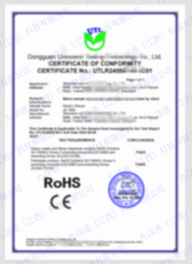 CE / RoHS 符合性证书样本（已脱敏）